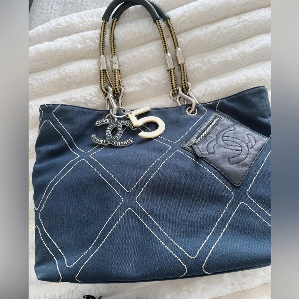 CHANEL Navy Quilted Canvas Shoulder Tote with Gold Chain Handles